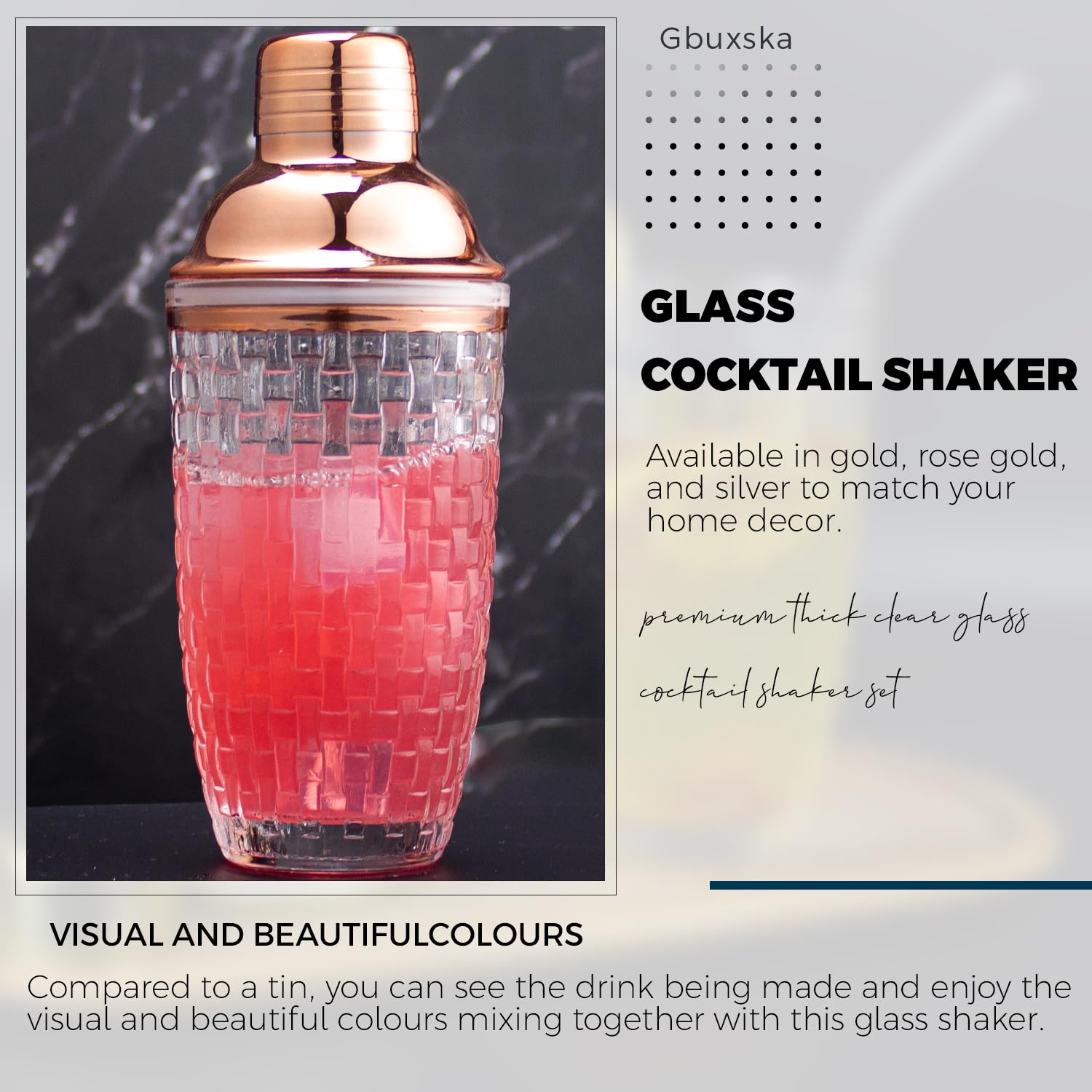 Gbuxska Glass Cocktail Shaker Set - Drink Shakers Cocktail and Cocktail Shakers, Glass Shaker Bottle for Bars, Whiskey, Cocktails (Rosegold)