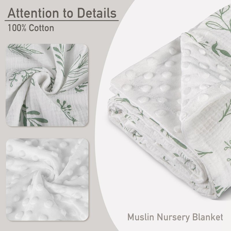 GLLQUEN BABY Blankets for Unisex Boys Girls, 2-Pack Muslin Cotton Front Soft and Breathable, and Dotted Fleece Backing, Nursery Minky Blankets for Toddler Newborn, Green Leaves,30 x 40 inches