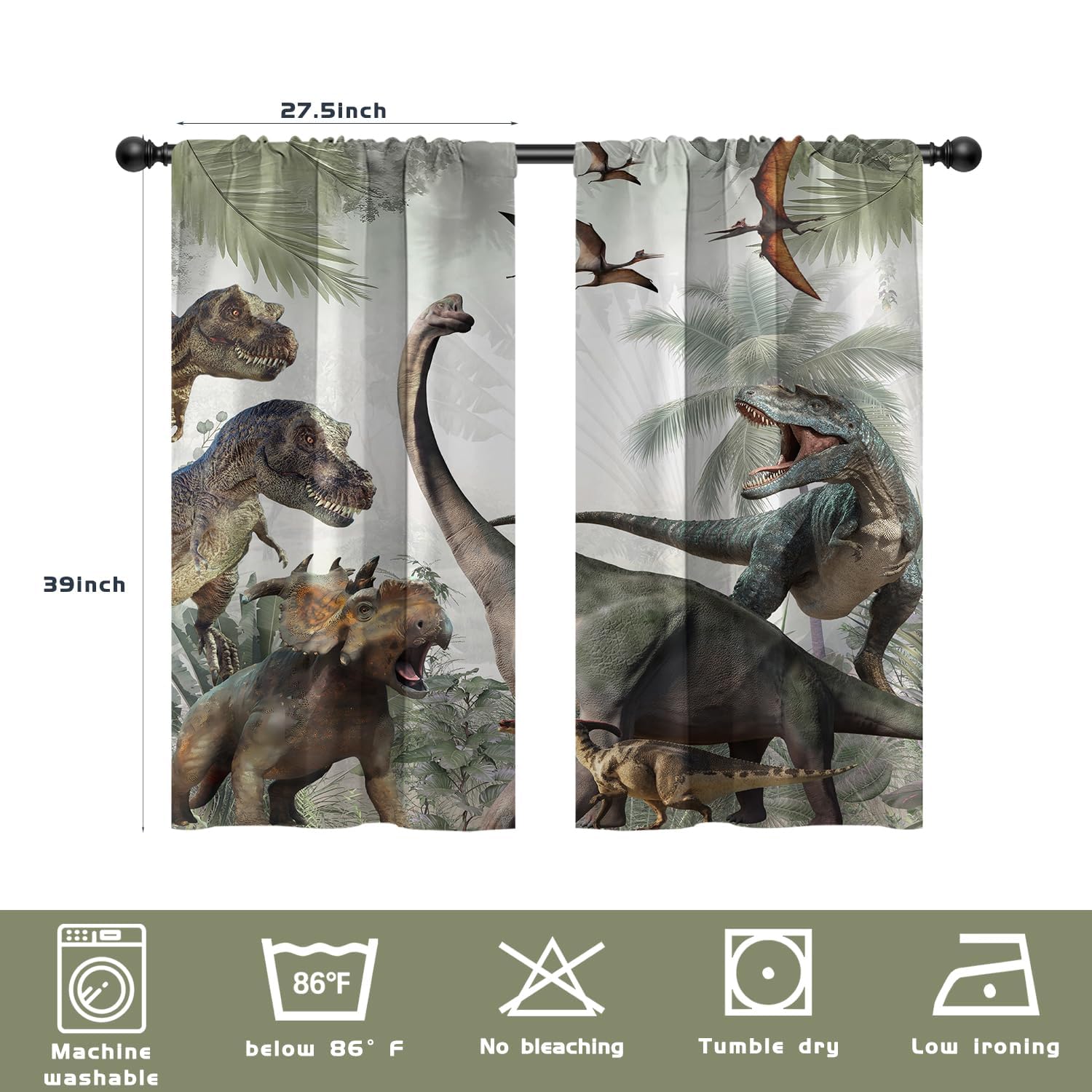 EOVDSFW Dinosaur Kitchen Window Curtains Rod Pocket Small Short Cafe Jurassic Dino for Boys Kids Animals Nature Wild Forest Cute Drapes Room Drapes 2 Panels for Living Bedroom Home Decor 27.5X39 inch