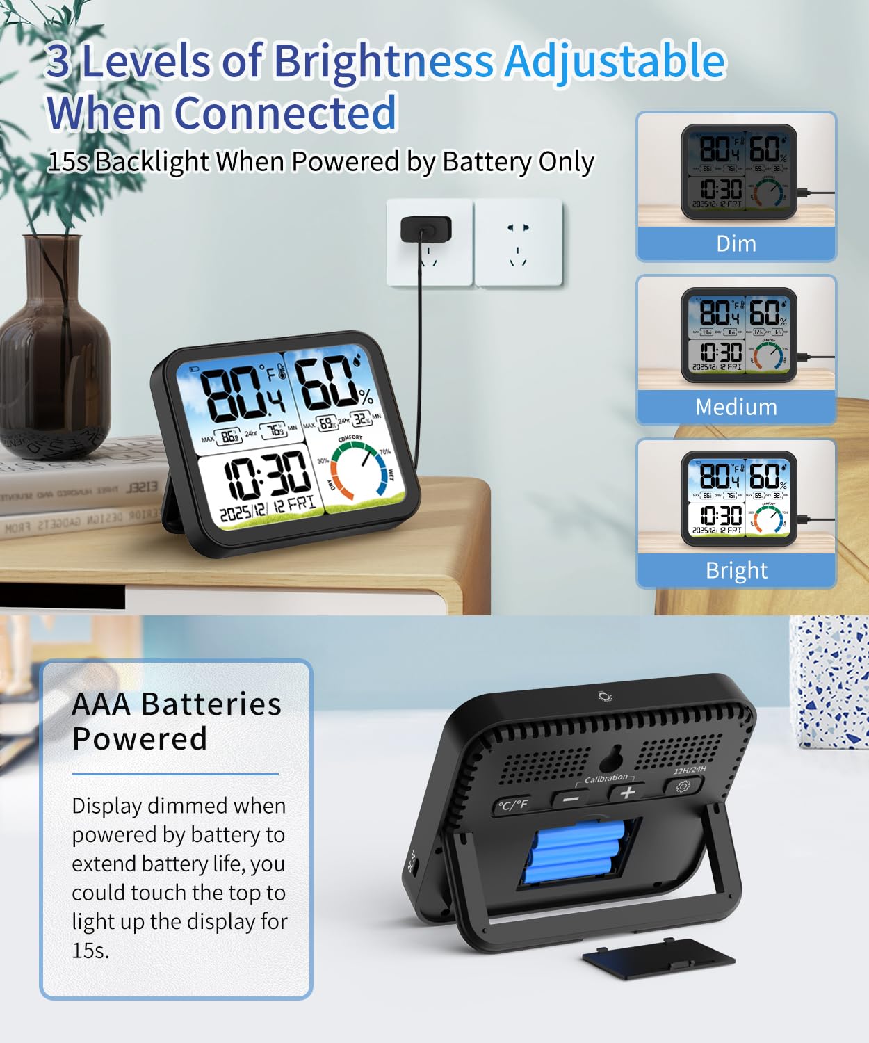 VOCOO Digital Indoor Thermometer - 5.8'' Large Display Temperature & Humidity Sensor with Accurate Readings, Backlit, Date & Clock