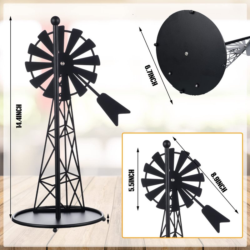 Vesici Windmill Paper Towel Holder Western Farmhouse Standing Paper Towel Roll Holder Black Countertop Metal Farm Decor Rustic Country Kitchen Rack for Kitchen Bathroom Home, 14.4 Inch