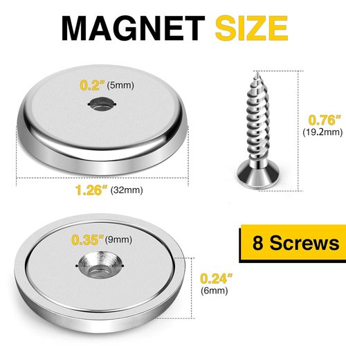 DIYMAG Neodymium Magnets - 8 Pack 110LBS Heavy Duty Round Cup Magnets with Countersunk Holes & Screws | Silver