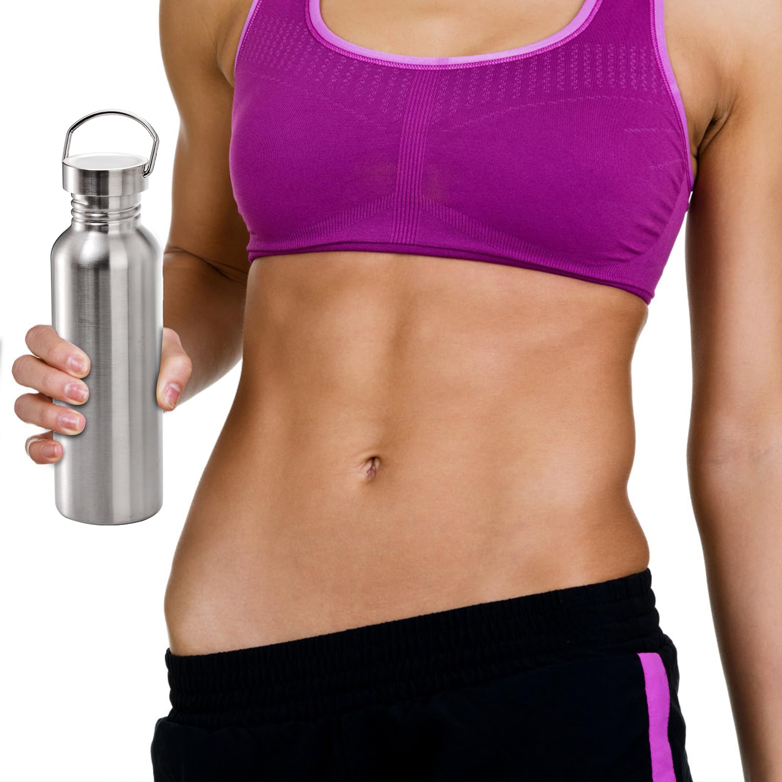 Yopay 2 Pack Stainless Steel Sports Water Bottles, 26OZ Single Walled 18/8 Stainless Steel Water Bottle with Handle, Uninsulate Metal Water Bottle for Cyclists, Runners, Hikers, Beach Goers, Picnics