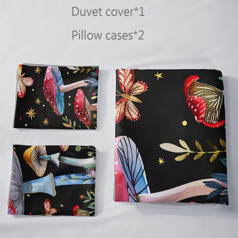 AILONEN Red Mushroom Duvet Cover Set King Size,Botanical Plant Fungus Butterfly Cartoon Mushroom Comforter Cover Set 3 Pieces for Kids Boys Girls Adults,1 Quilt Cover with 2 Pillowcases