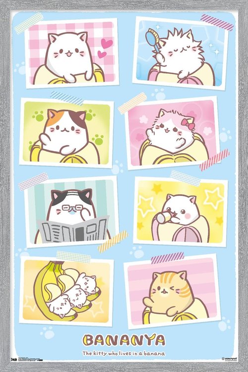 Bananya - Grid Wall Poster, 22.4L" x 14.7W", Gray Framed Version