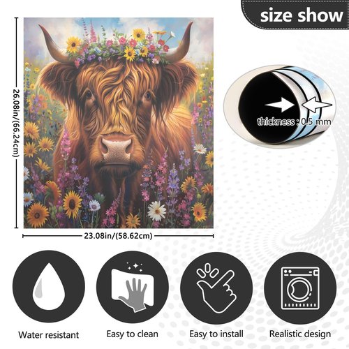 Highland Cow Summer Flowers Dishwasher Magnet Cover Sticker Magnetic Refrigerator Panel Front Door Fridge Microwave Decal