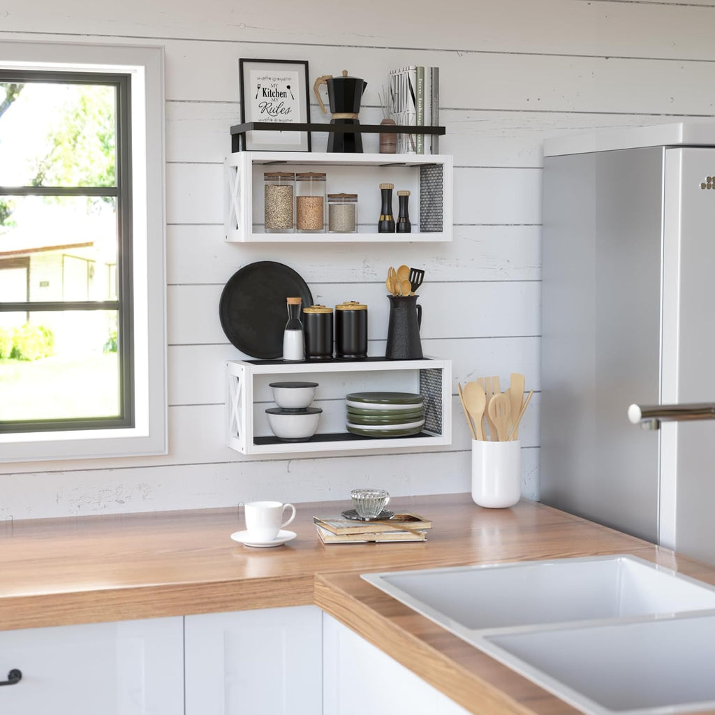 RICHER HOUSE Floating Shelves - Rustic Wall Décor with Guardrail for Bathroom & Kitchen | White