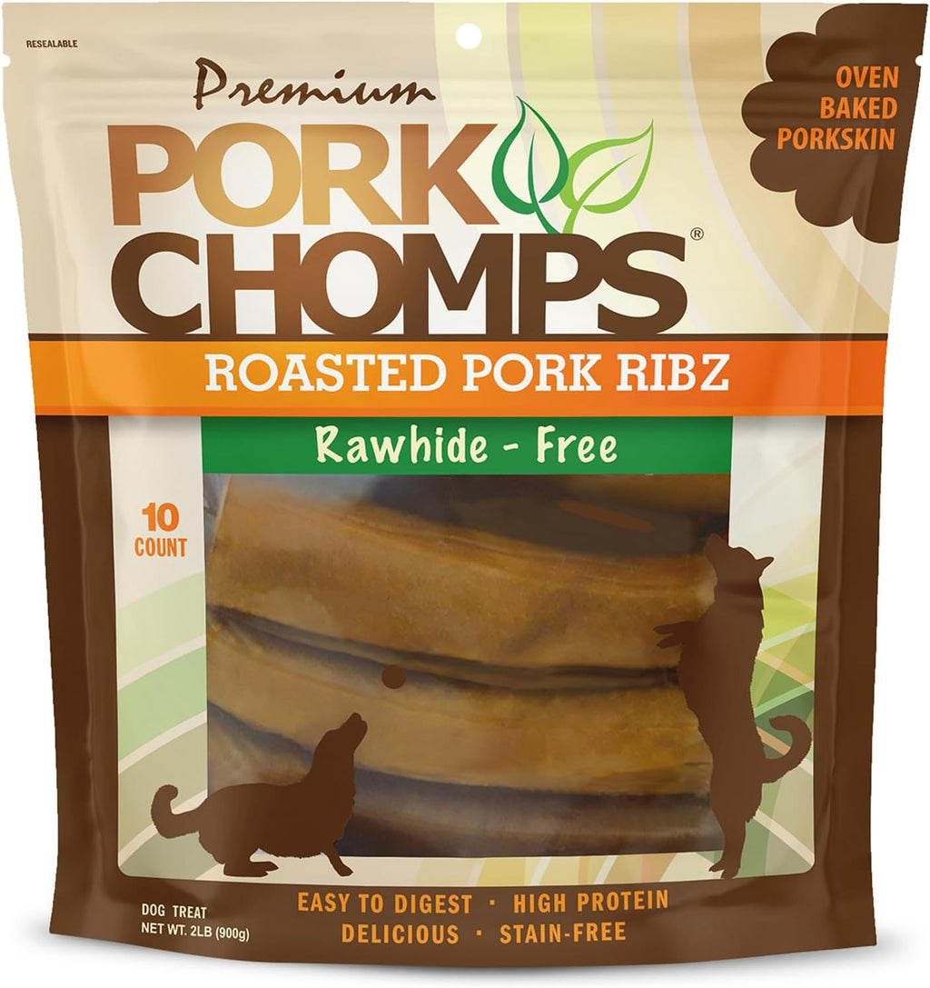 Pork Chomps Roasted Pork Skin Dog Chews - Long-Lasting, High Protein Treats | 6 Inch Rib Shapes, 10 Count
