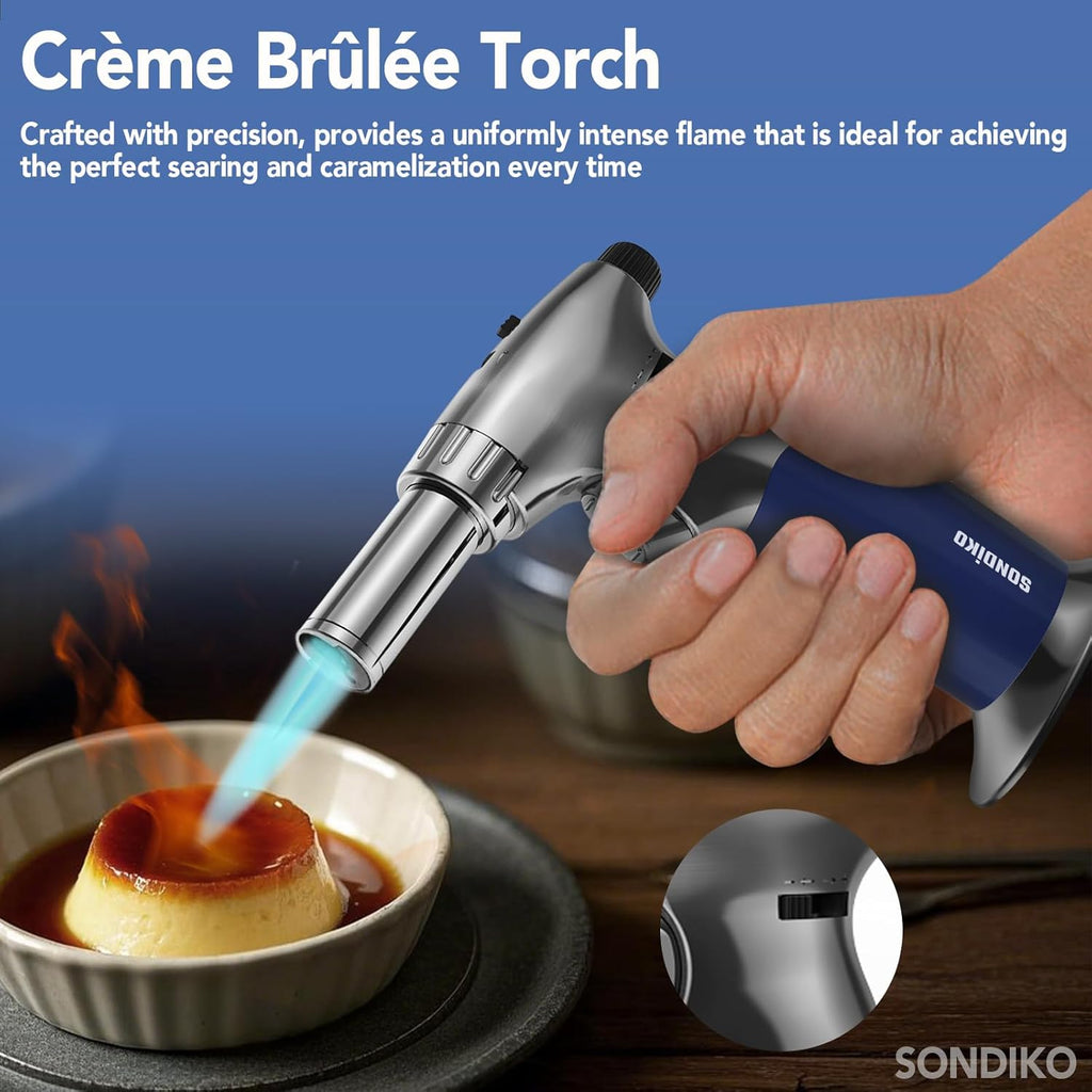 Sondiko Dual Adjustable Flame Butane Torch Lighter - Mini Refillable Kitchen Torch with Continuous Flame Lock for Crème Brûlée and Cooking