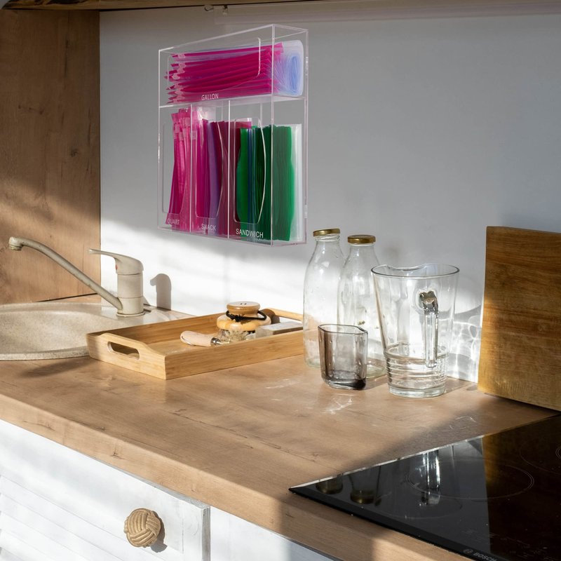 Aphbrada Acrylic Bag Storage Organizer for Kitchen Drawer, Food Storage Bag Organizer Holder Compatible with Ziplock, Glad, Hefty, Gallon, Quart, Sandwich & Snack Variety Size Bag (Clear)
