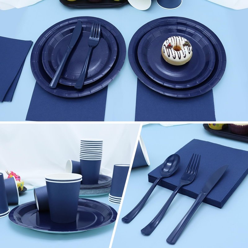 Gudvilla 168pcs Black Paper Plates and Napkins for Halloween Birthday Anniversary Decorations, Black Plates Disposable Dinnerware Sets for Party Supplies and Party Decorations Serves 24