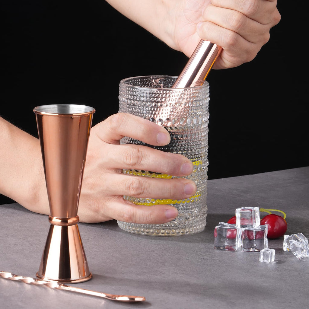 Gbuxska Rosegold Muddler for Cocktails, Matching Jigger and Bar Spoon with Bar Muddler - 3 Pcs Cocktail Muddler Set