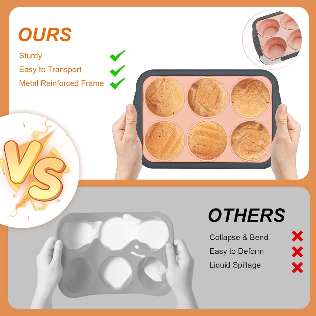 Skiennix Silicone Muffin Pan - Nonstick 6-Cup Baking Molds with Metal Frame | BPA Free & Dishwasher Safe, Pink