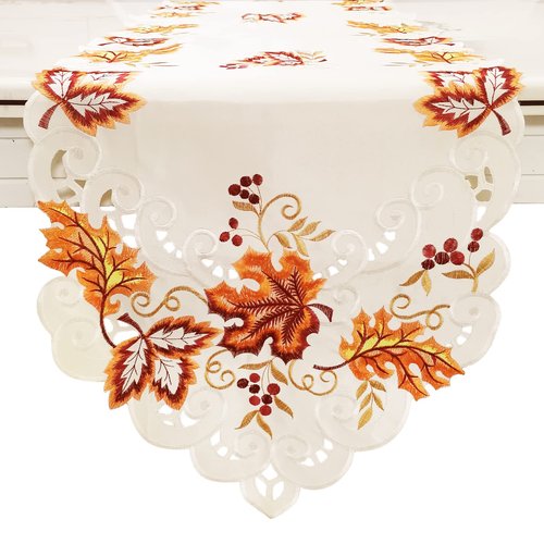 Fall Table Runner with Maple Leaf Long Festival Table Runner Table Decorations for Parties Gatherings Restaurant Home Decor (Traditional, 15x67inch - Embroidery)