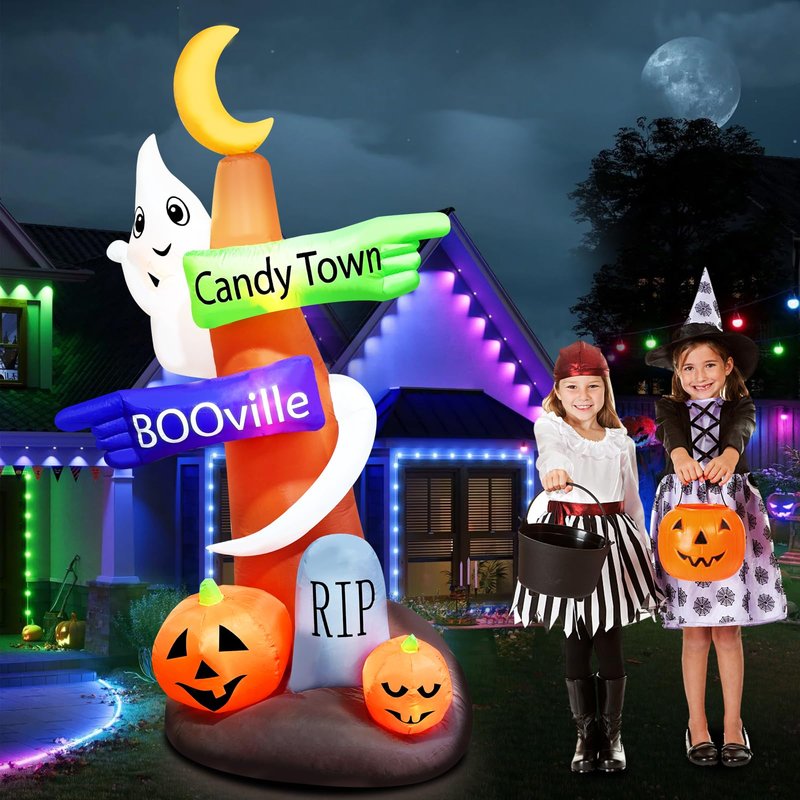 8 Feet Halloween Decoration Dead Tree Road Sign with Flying Ghost Pumpkins RIP Blow Up Lighted Outdoor Spooky Tombstone for Holiday Party Indoor Outside Yard Lawn Garden Decor