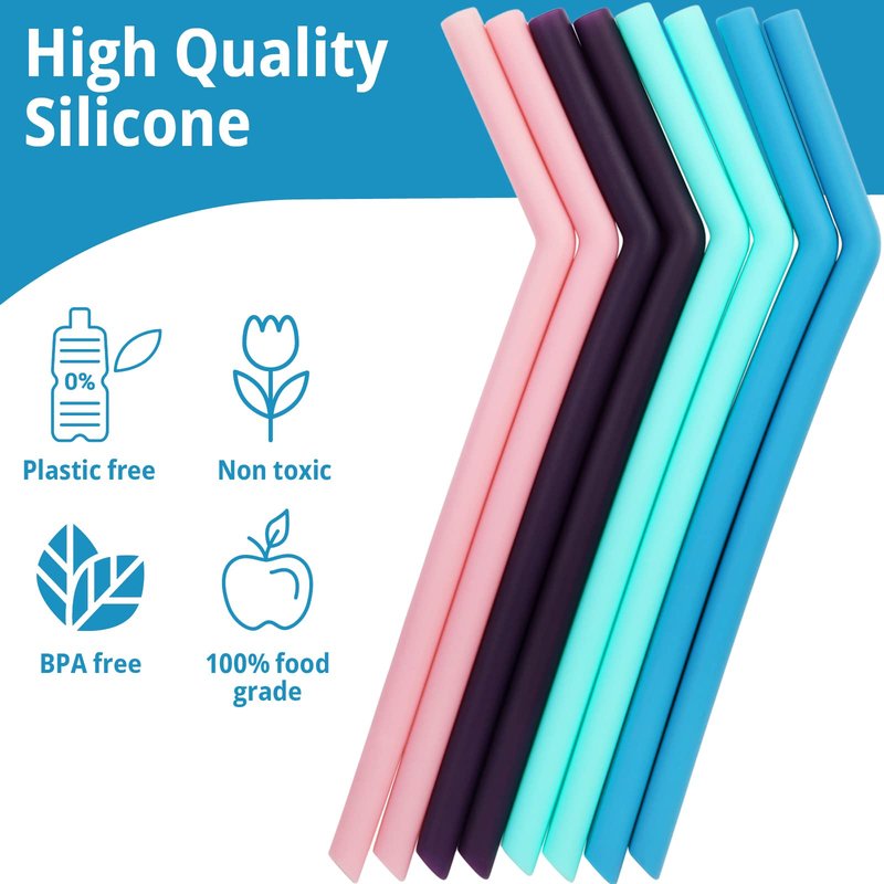 Premium Bent Silicone Reusable Straws, Set of 10 with Cleaning Brush - Flexible, Long, Colorful, Bendy Reusable Straws for 20oz to 32oz Tumblers and Smoothie Cups - Dishwasher Safe and Easy to Clean