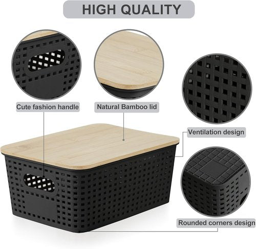 Bagnizer Small Plastic Storage Bins - Stackable 5.2qt Decorative Containers with Bamboo Lids | Black, Set of 6