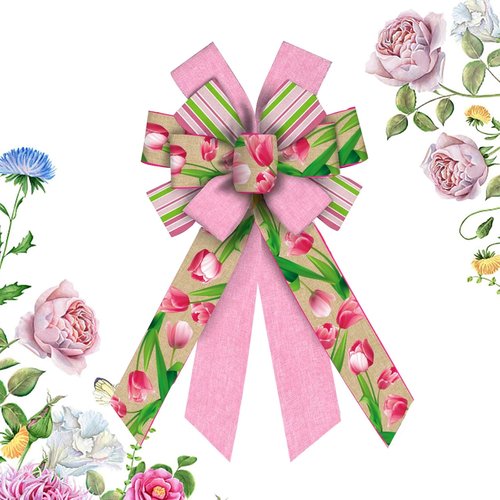 Hying Large Flower Bow - Spring Tulip Design in Pink Stripes | Perfect for Easter Wreaths & Front Door Decor