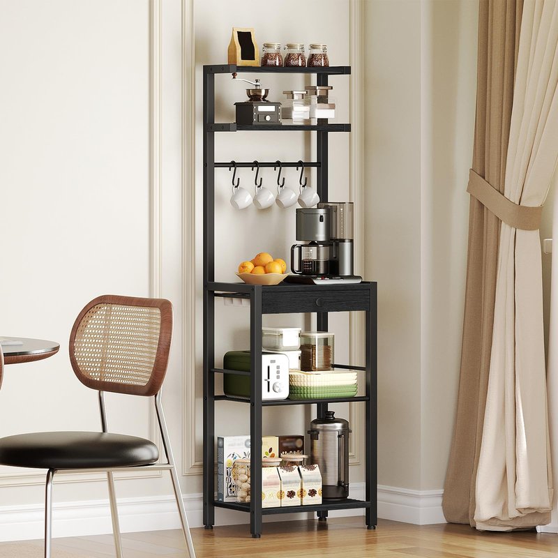 YATINEY Bakers Rack, 5-Tier Coffee Bar Station, Coffee Stand with Pod Drawer Holder, Versatile Kitchen Storage Rack with 4 Hooks, for Living Room, Cafe Corner, Black KF01BB