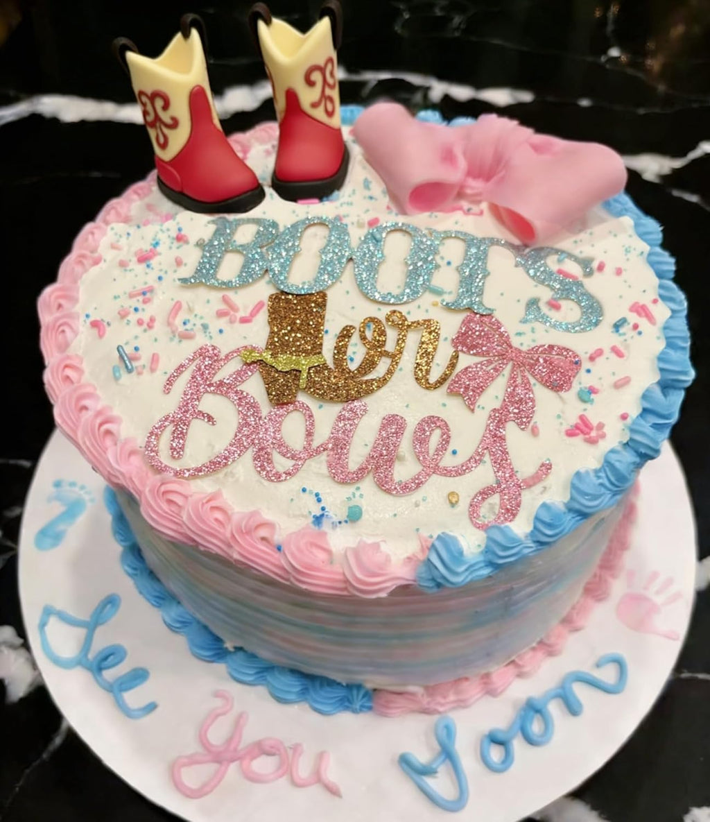Skiennix Gender Reveal Cake Decorations - Acrylic Boots & Bows Cake Toppers Set for Baby Shower