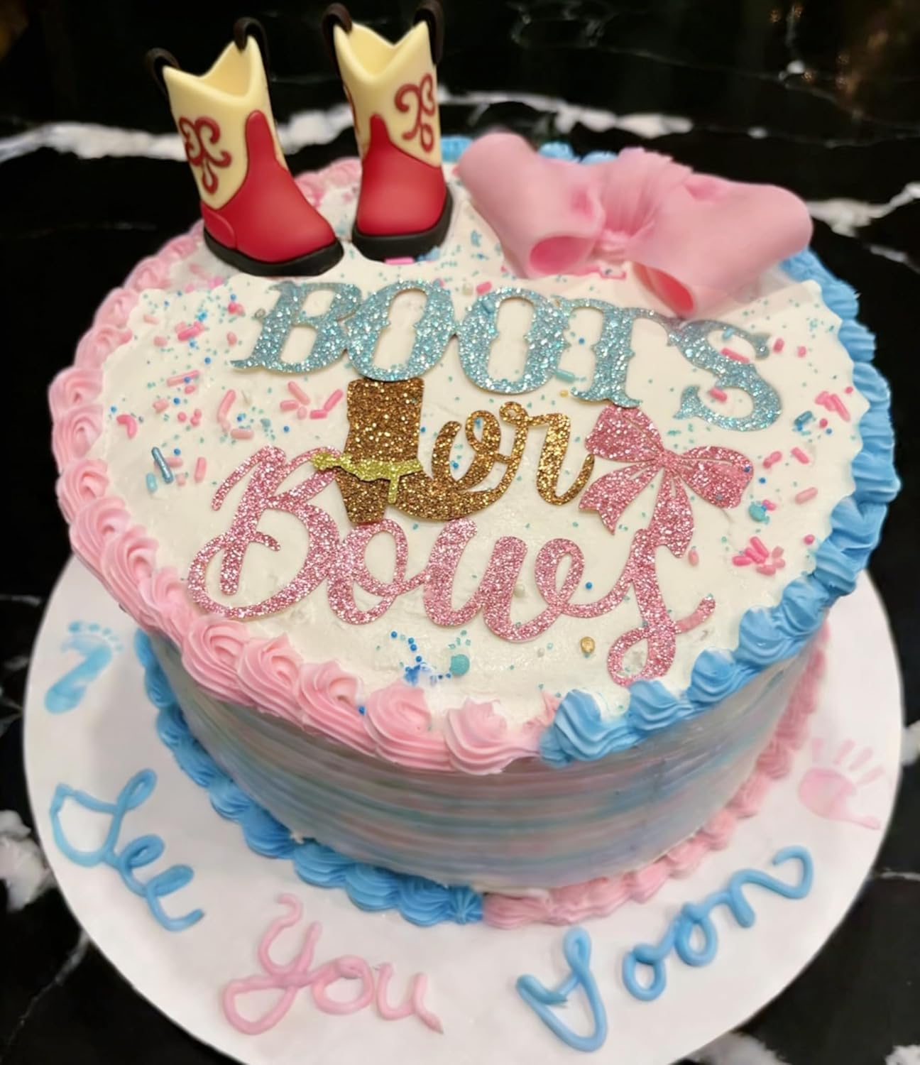 Skiennix Gender Reveal Cake Decorations - Acrylic Boots & Bows Cake Toppers Set for Baby Shower