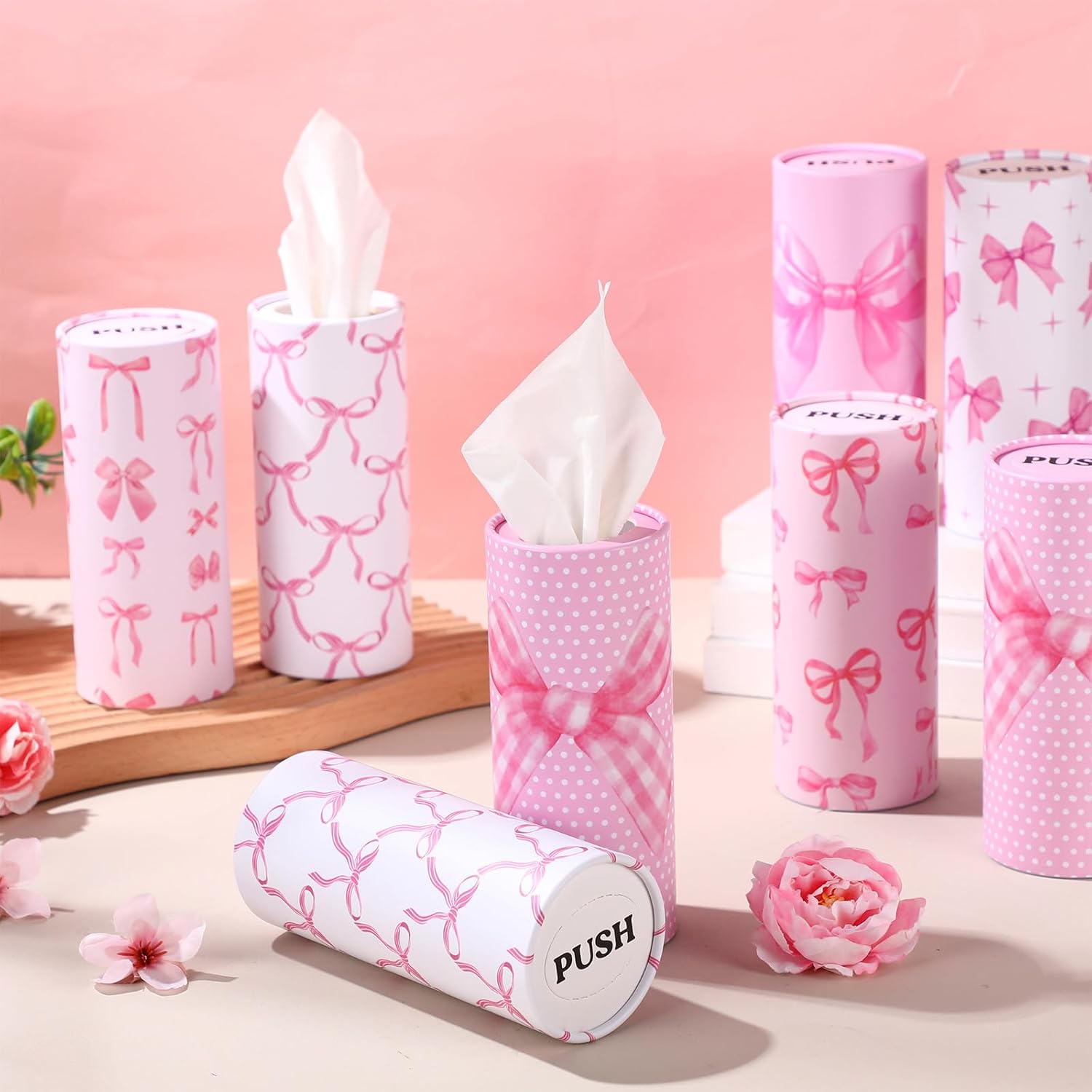 Outus 12 Pcs Bow Car Tissue Holders - Stylish Pink Ribbon Design | 3-Ply Facial Tissues for Travel & Events