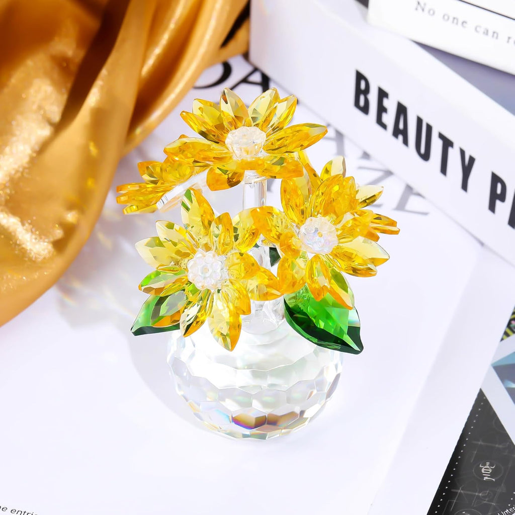 YWHL Handmade Yellow Crystal Flower Figurine - Elegant Glass Gift for Women | Perfect for Weddings & Holidays