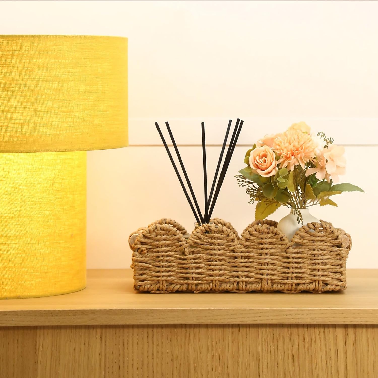 Regine Switzerland Paper Rope Storage Basket Set - Scalloped Design with Wooden Handles, Stylish Beige Organizers for Bathroom or Living Room