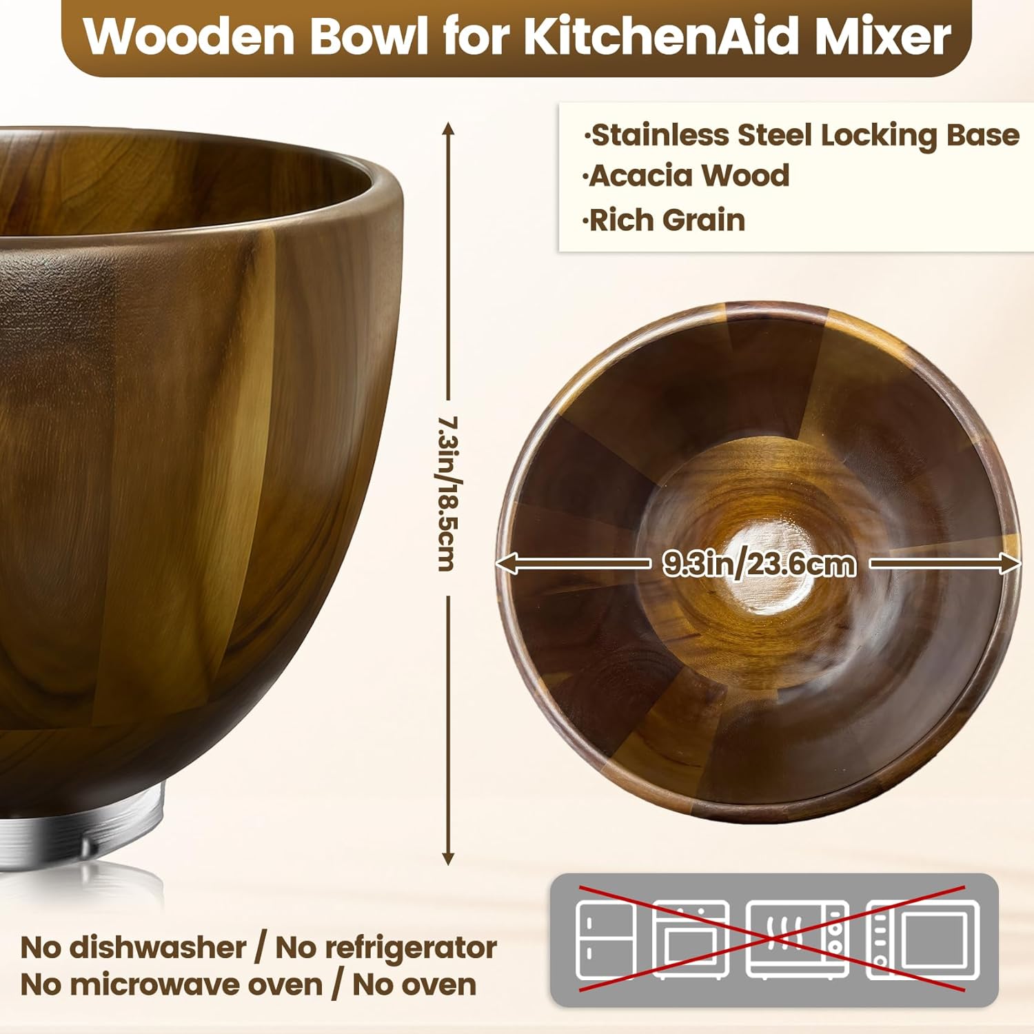 Premium Walnut Wood Mixing Bowl - Handmade Natural Bowl for KitchenAid 4.5 & 5 QT Tilt-Head Models | 5QT