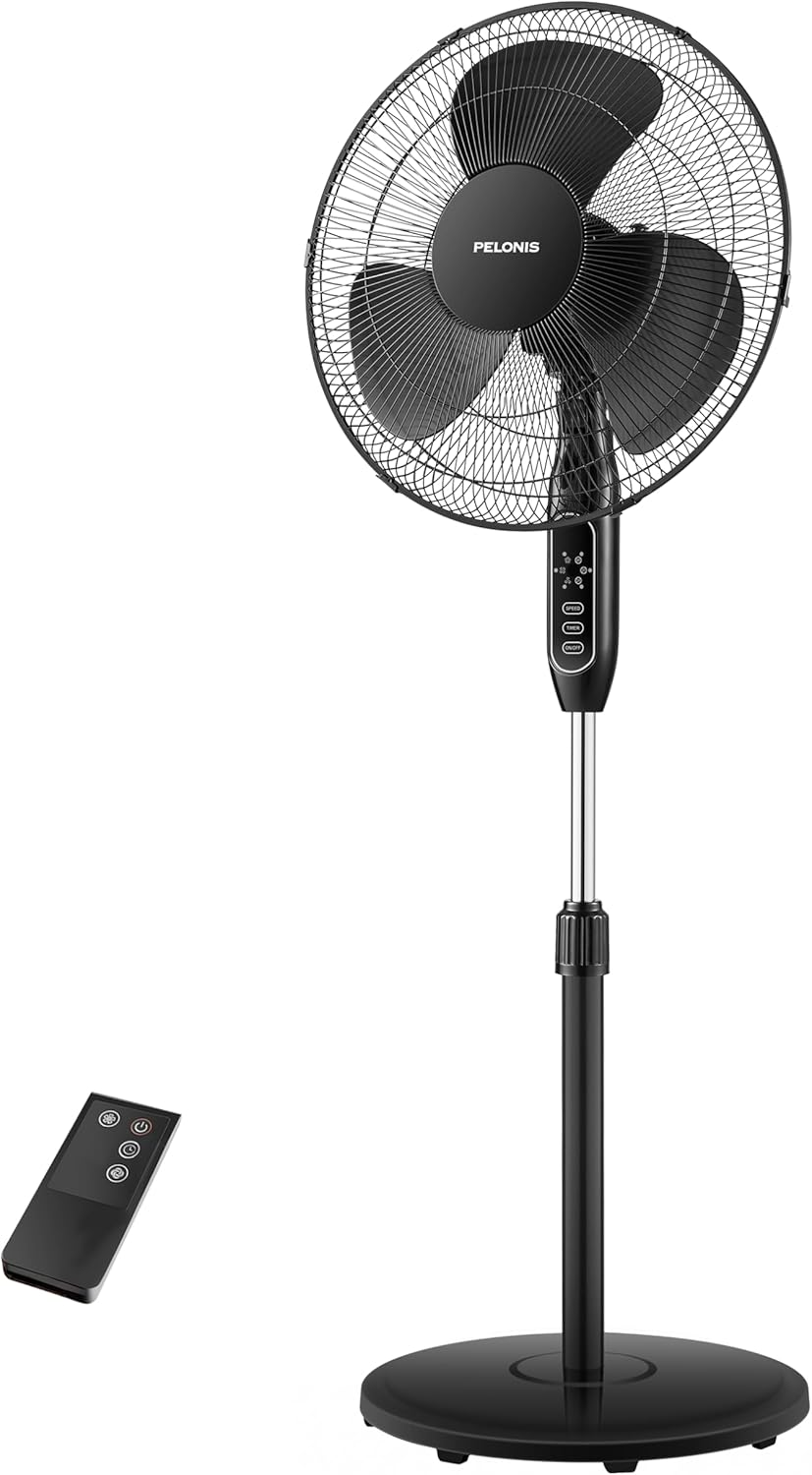 Pelonis 16'' Pedestal Fan - Remote-Controlled, 90° Oscillation, 3 Speeds, Adjustable Height | Ideal for Bedroom, Living Room & Office