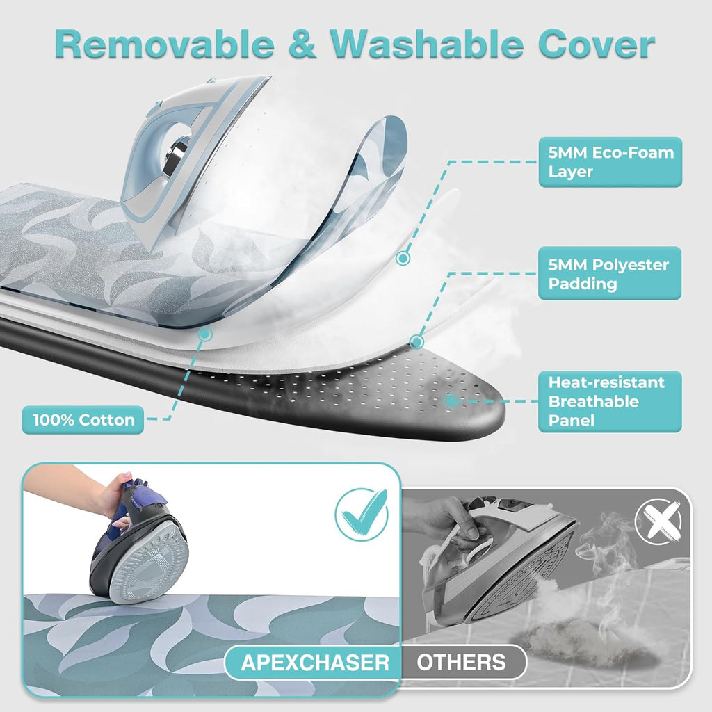 APEXCHASER Full-Size Foldable Ironing Board - Heat Resistant Cover & 7-Lever Height Adjustment | Blue 14x54