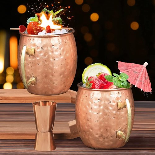 Moscow Mule Mugs Set of 12 Plated Copper Mule Mugs 18oz Bulk Large Hammered Stainless Steel Cups with 1pcs 0.5oz Double Jigger 12pcs Stainless Steel Straws for Cold Chilled Drinks Cocktails