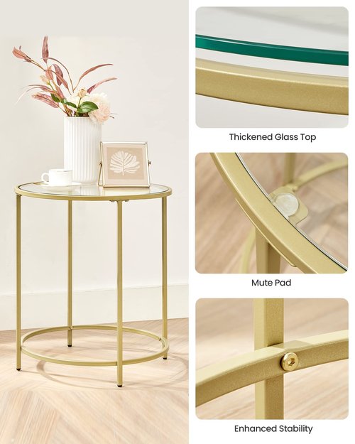 VASAGLE Round Side Tables, Set of 2, Glass End Tables with Metal Frame, Gold Coffee Tables with Modern Style, for Living Room, Balcony, Bedroom, Gold Color