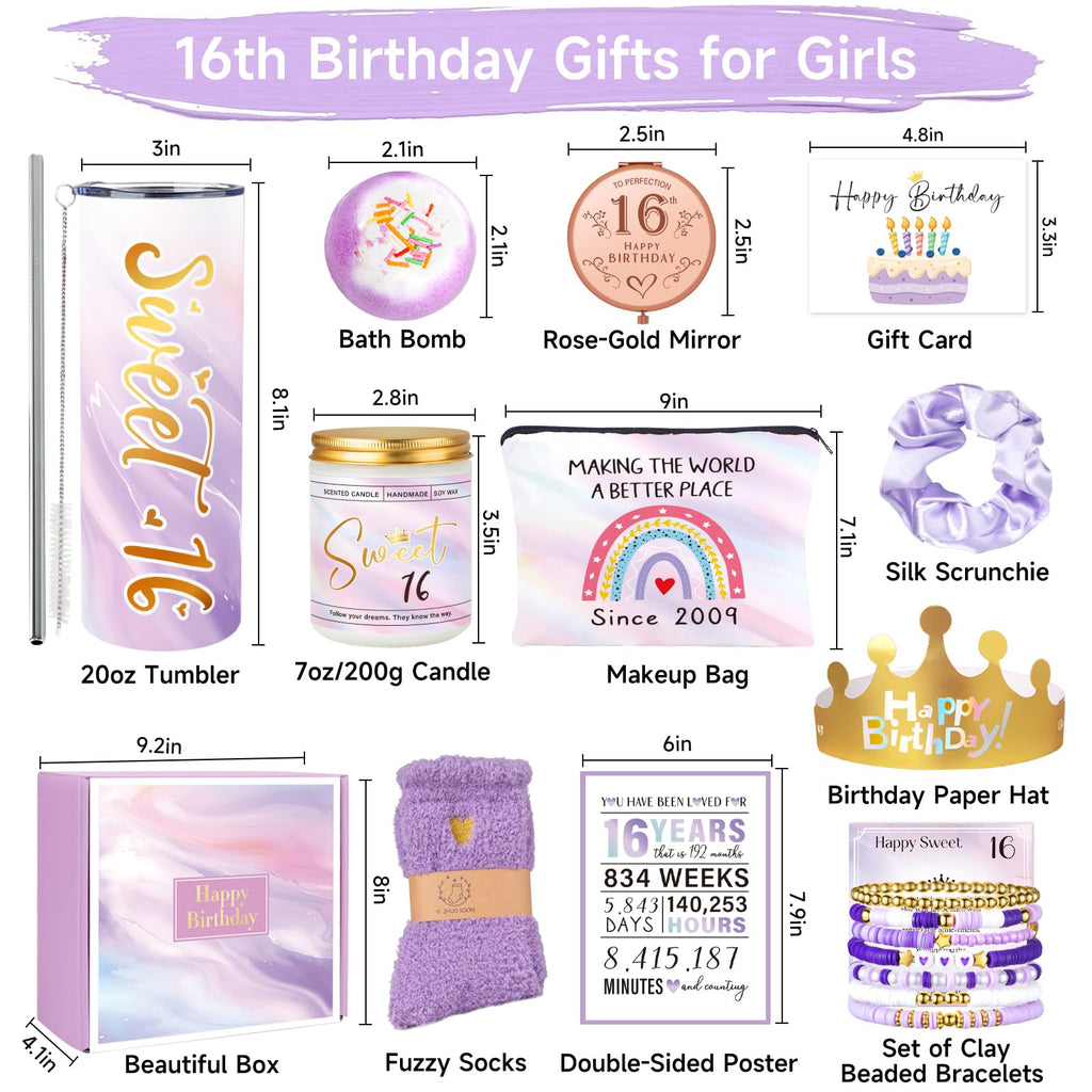 16th Birthday Gifts for Girls, Sweet 16 Gift for Girls, Sweet Sixteen Gifts for Girl, 11PCS Unique Trendy Gift Ideas for 16 Year Old Teen, 16th Birthday Decorations for Girl