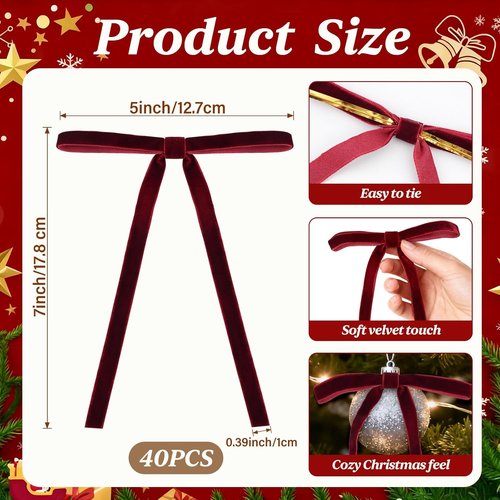 HEAEUNK 40 Pack Burgundy Velvet Christmas Tree Bows - Perfect for Holiday Decor & Gifts | 5"x7" Size