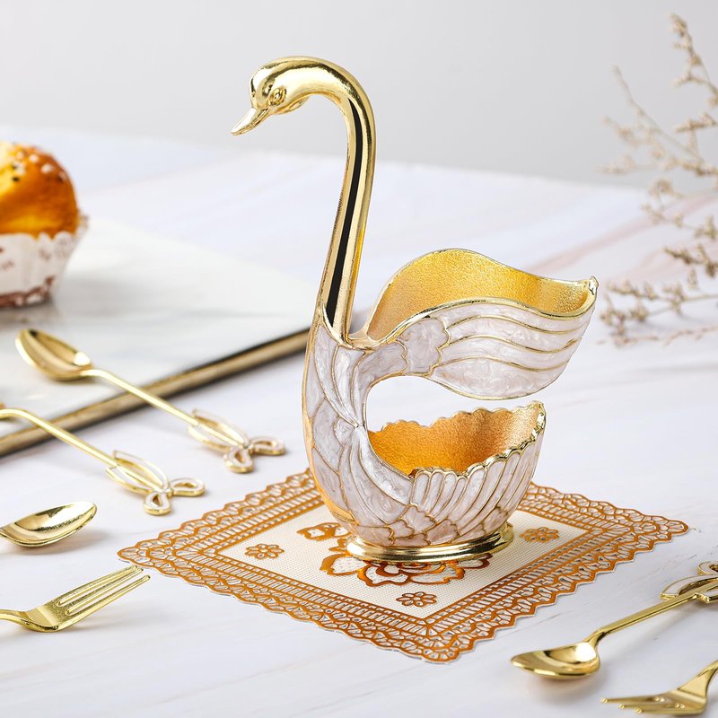 WENMAQIN Gold Swan Base Holder,Table Decorative Swan Dessert Spoons Organizer Spoons Holder with 6pcs Coffee Spoon set,Elegant Gold Dessert Spoons,Premium Zinc Alloy Spoon Organizer