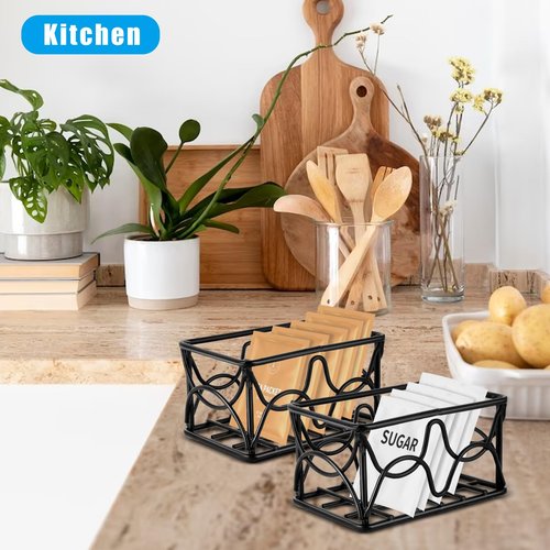 DLUGOPIS 4 Pieces Black Metal Sugar Packet Holder Tea Bag Organizer Sugar Caddy Holder Small Sugar Container Coffee Creamer Holder Tea Bag Caddy Holder for Coffee Bar Kitchen Home