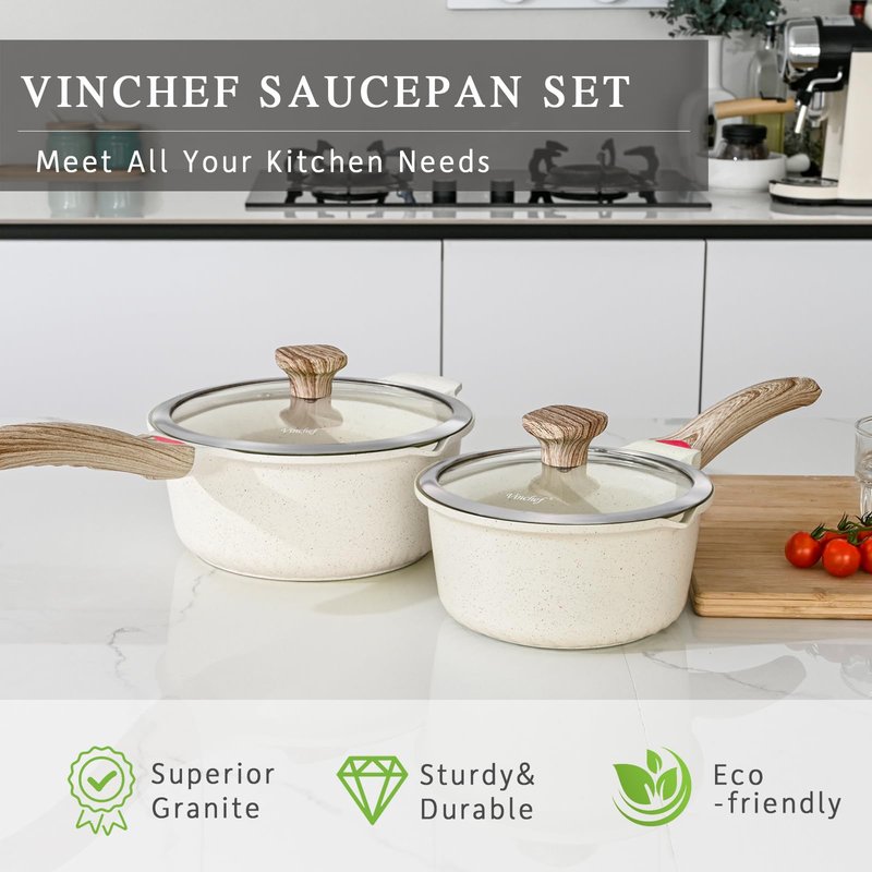 VINCHEF Nonstick Saucepan with Lid, 3QT Sauce Pan with Stay Cool Handle, Non Stick Small Cooking Pots Induction pot, Dishwasher Safe, Compatible for All Stove Top, PFAS and PFOA Free White