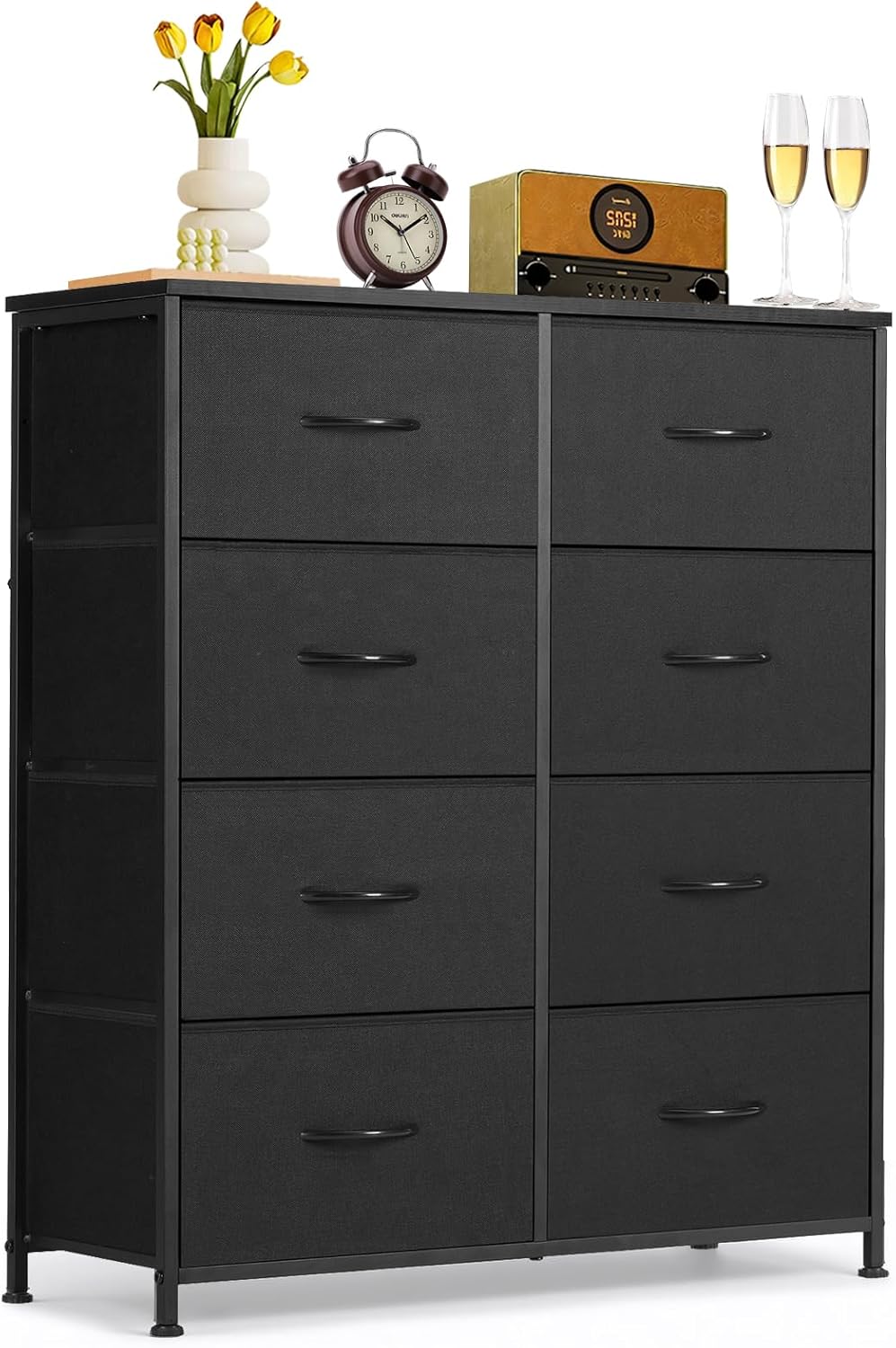 Skiennix 8-Drawer Dresser - Anti-Tip Tall Storage Organizer with Wooden Top & Metal Frame | Black
