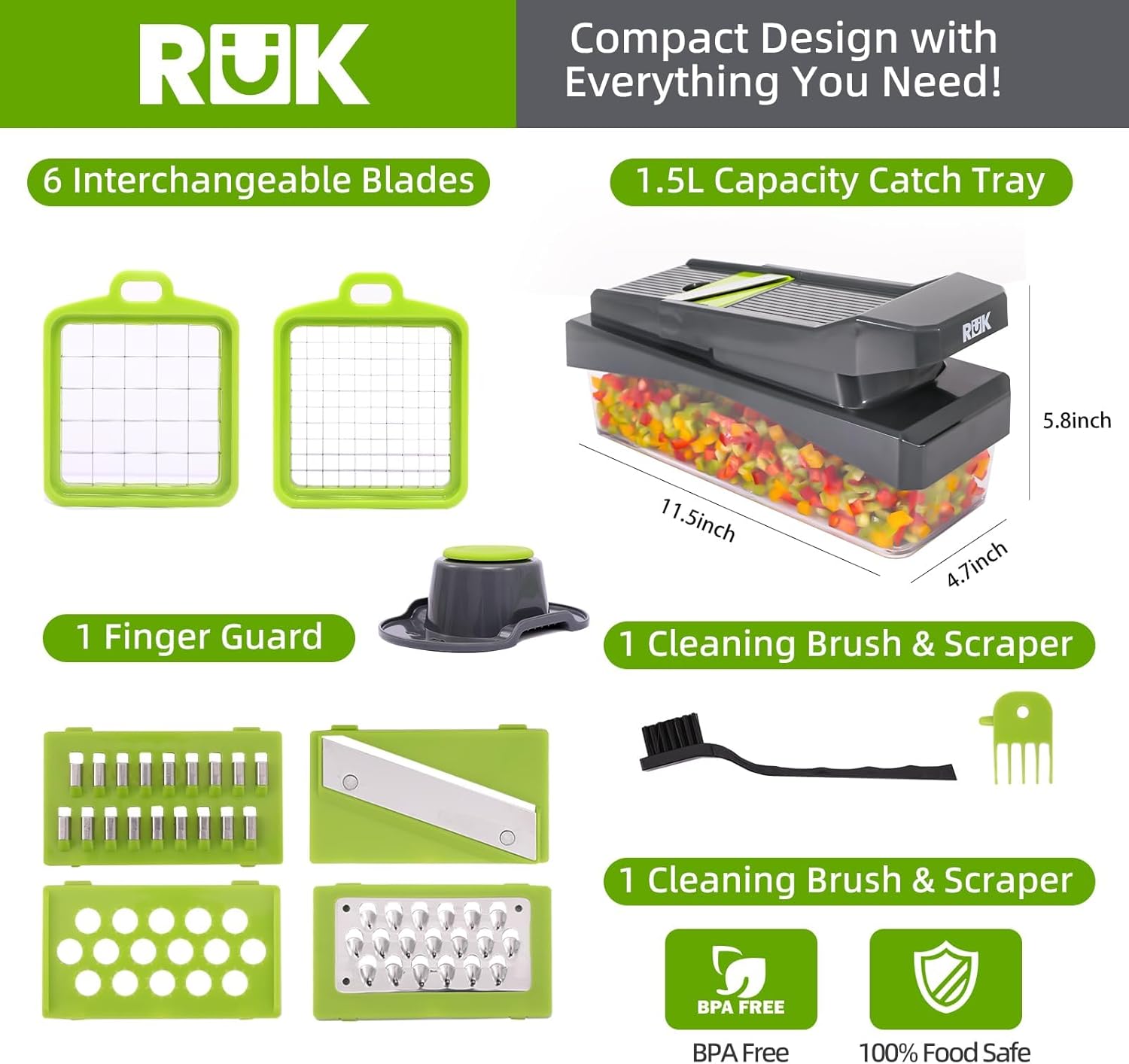 RüK 10-in-1 Vegetable Chopper - Versatile 6 Blade Food Dicer & Grater with Container | Gray Kitchen Gadget