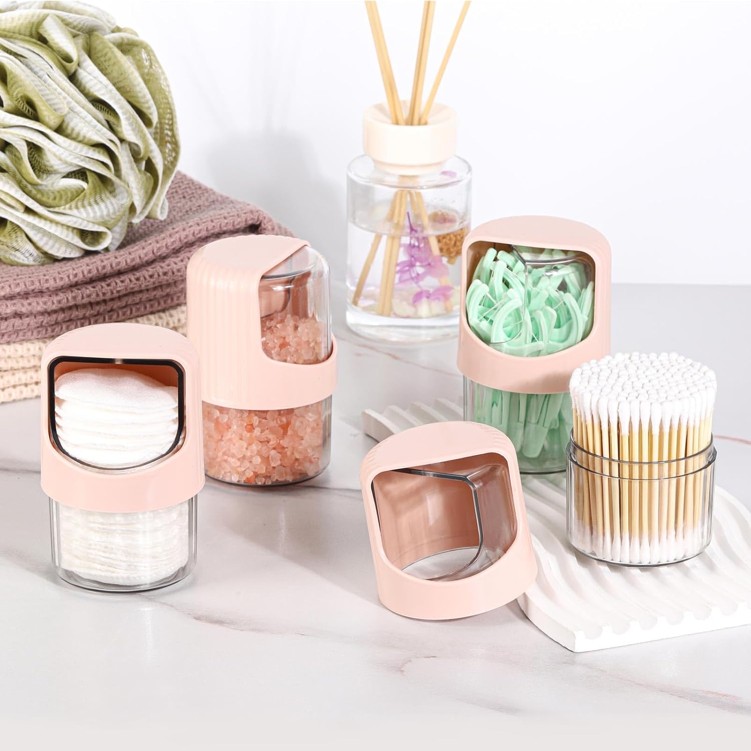 Tbestmax Rotating Qtip Holder Dispenser - 4 Pack Vanity Organizer for Cotton Swabs & Makeup | Pink
