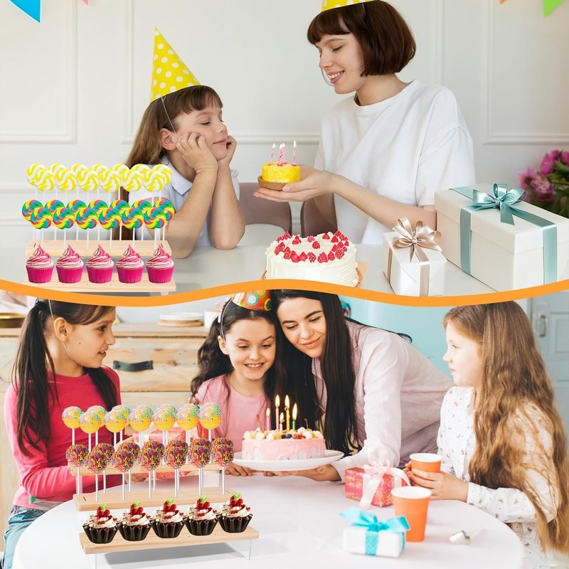 Hloizyn 2 Pack Cake Pop Stand Holder - 3 Tier for 39 Cake Pops, Acrylic & Pine Wood Dessert Table Stand | Wedding Birthday Baby Shower Candy Buffet Cake Pop Display.