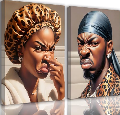 Funny Stank Face Bathroom Wall Art - 2Pcs African American Canvas Decor | Humorous WC Smell Paintings