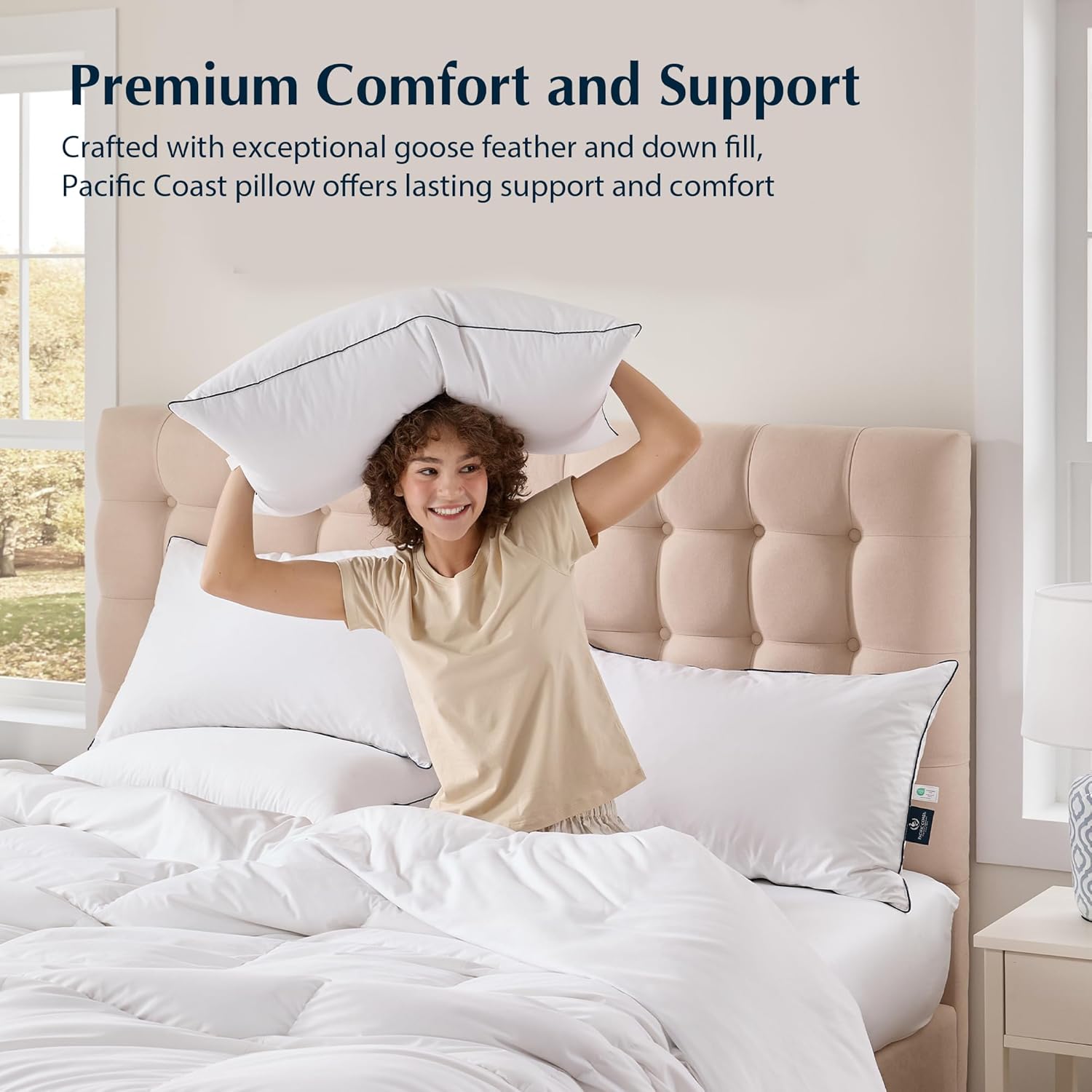 Pacific Coast Goose Feather & Down Bed Pillows - Soft, Fluffy Standard Size Set of 2 | Downproof 100% Cotton Shell