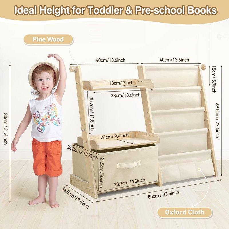 wooshwa Kids Bookshelf and Toy Organizer 2 in 1,Book Shelf for Kids Rooms with Movable Toy Bin,4 Tier Toddler Sling Book Rack for Nursery Bedroom Playroom (Jungle Animals)
