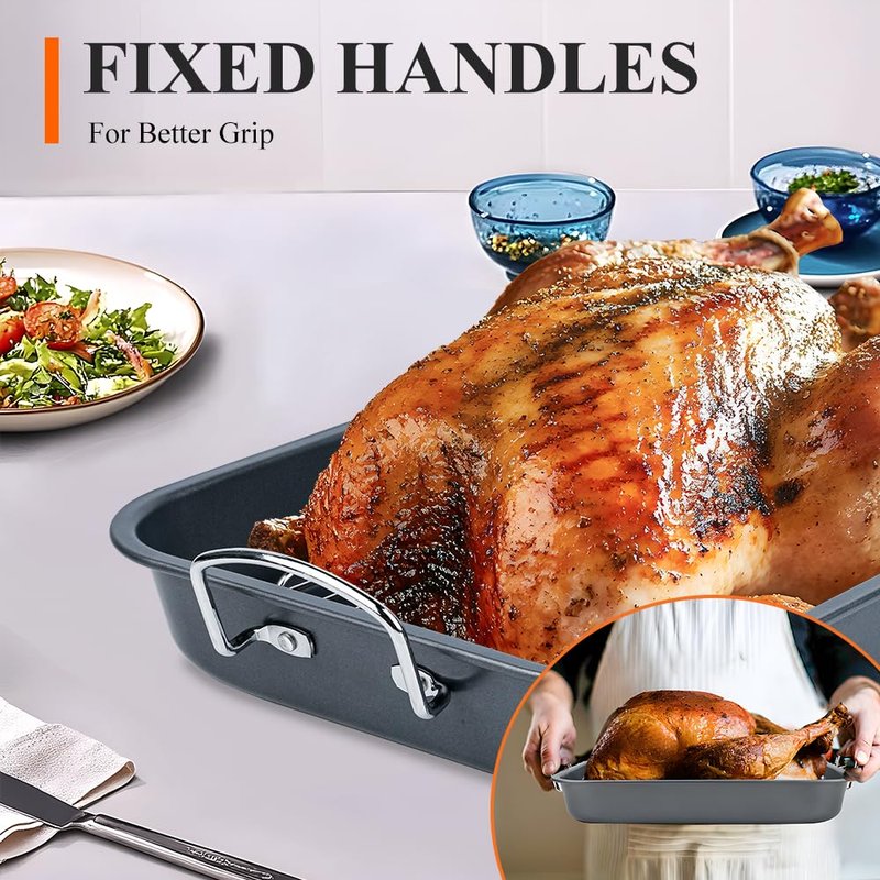 Nonstick Turkey Roaster with 2 Stainless Steel Racks for Baking Turkey, Chicken, Veggies