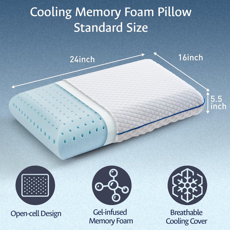 Cooling Gel Memory Foam Pillows for Sleeping Standard Size, Bamboo Rayon Bed Pillow for Back Side Sleeper, Medium Firm Contoured Support for Neck Shoulder Pain Relief, Washable Breathable Dorm Twin XL