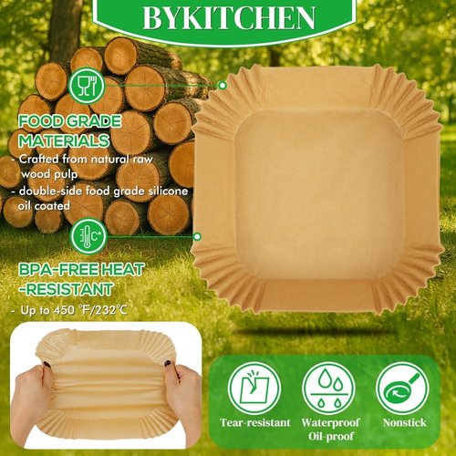 BYKITCHEN 300PCS Disposable Air Fryer Paper Liners - 8in Square Parchment for 5-8QT Air Fryers | Perfect for Ninja, Cosori, Chefman