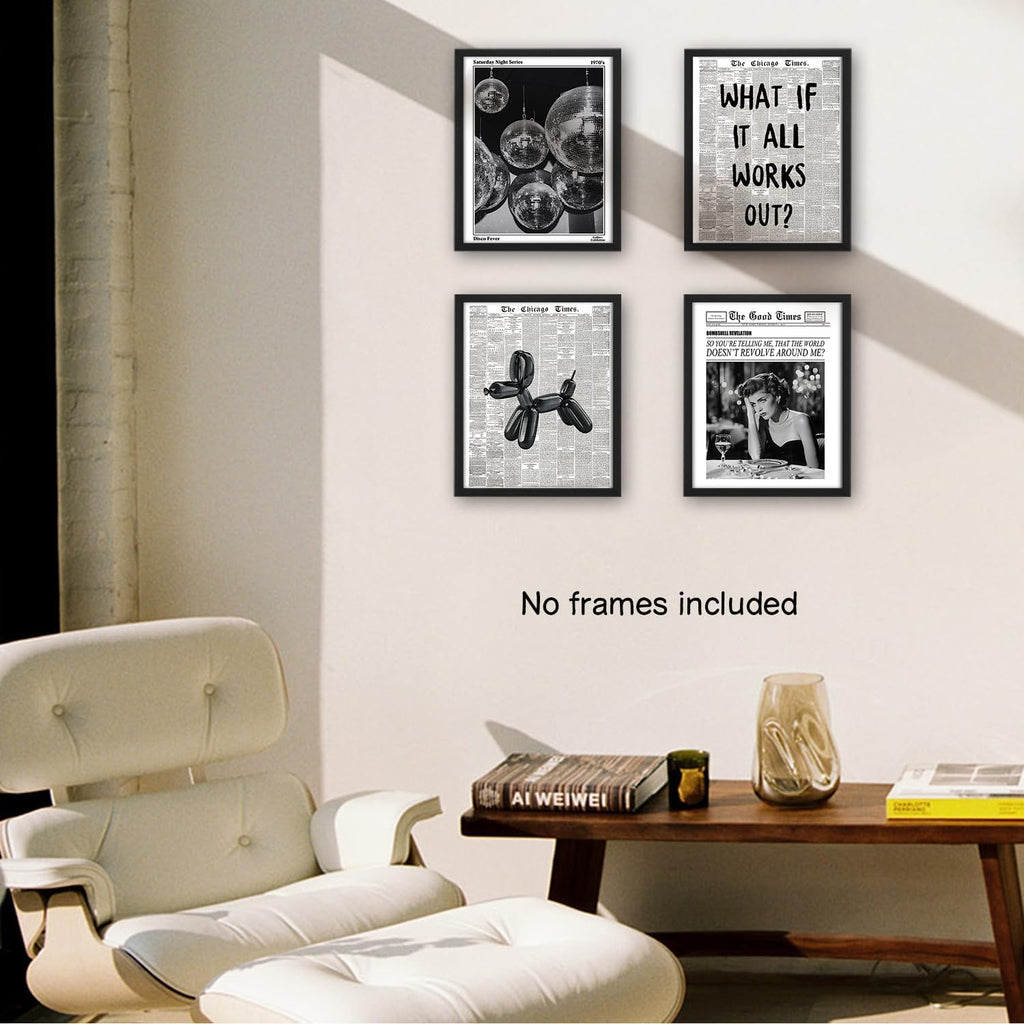 NaZaUK Funky Retro Y2K Wall Art - Black & White Newspaper Prints Set of 4 for Trendy Bedroom Decor | 8x10 Unframed