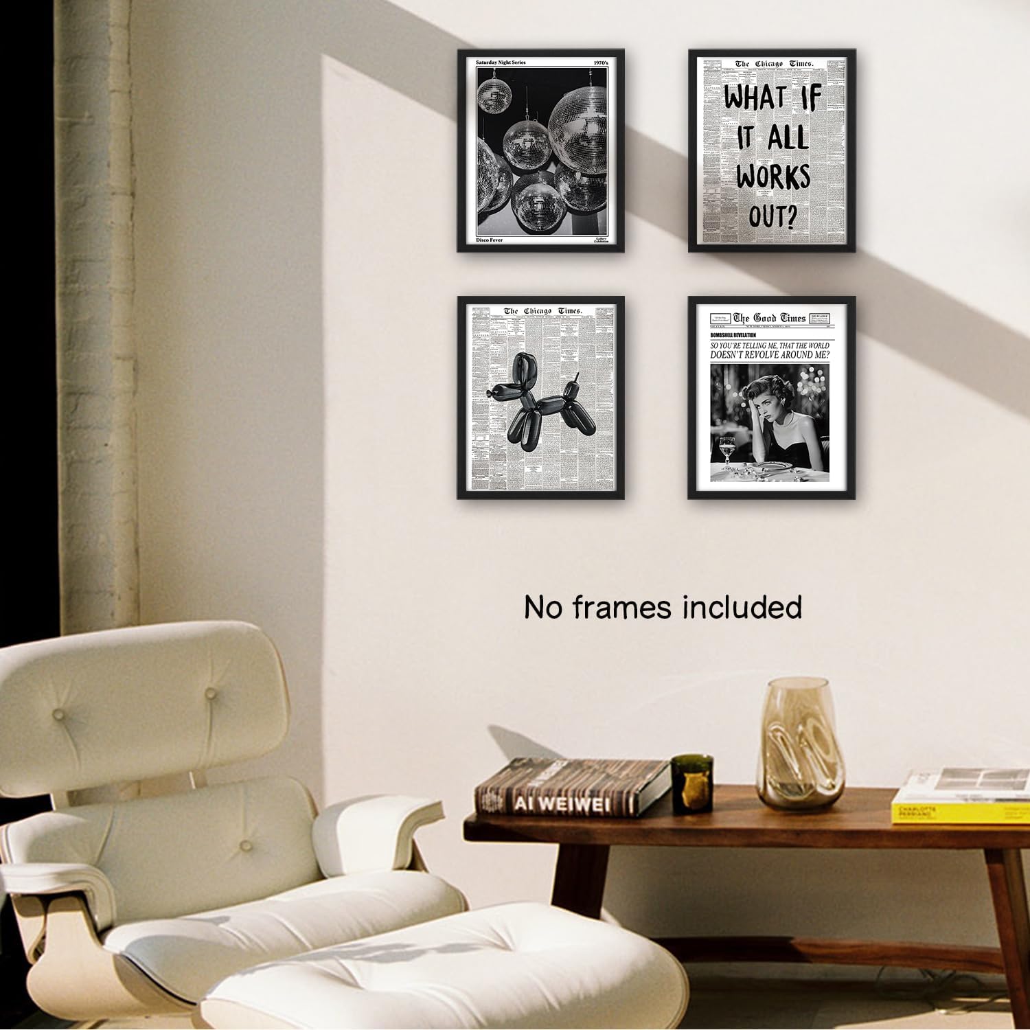NaZaUK Funky Retro Y2K Wall Art - Black & White Newspaper Prints Set of 4 for Trendy Bedroom Decor | 8x10 Unframed